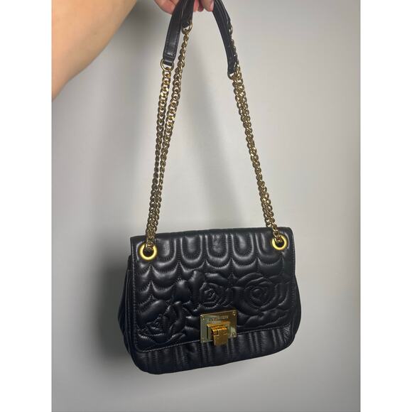 Michael Kors Vivianne Medium Quilted Rose-Embroidered Leather Shoulder  - Black - Picture 1 of 8